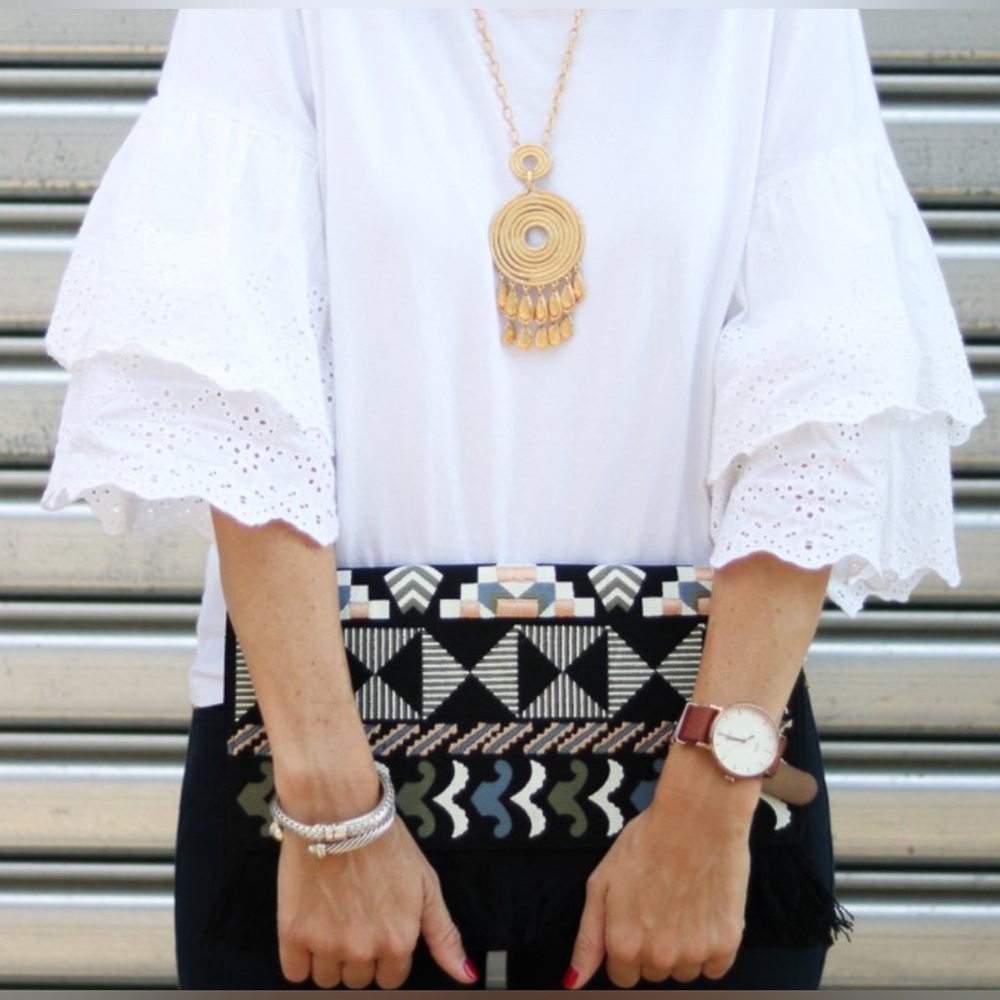 Stella & Dot Taj-Black Clutch Multi Embroidery